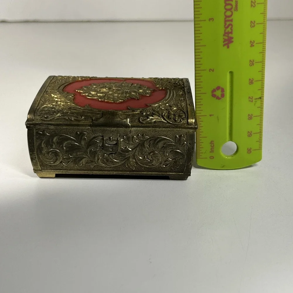 Vintage Metal Gold-tone Floral Detailed Lined Footed Trinket Jewelry Box.